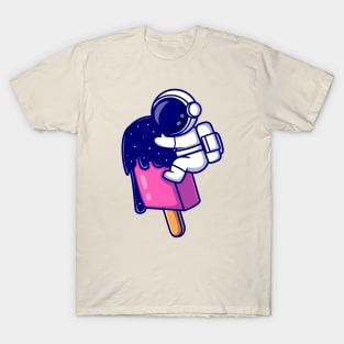 Cute Astronaut With Ice Cream Popsicle Space Cartoon T-Shirt